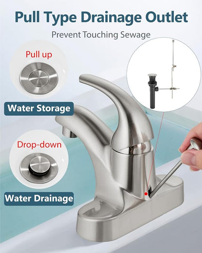 4-Inch Centerset Bathroom Sink Faucet with Drain, Brushed Nickel | Single-Handle Vanity Faucet with Lift Rod Drain, 24-Inch Supply Lines, 1.2 GPM, 3-Hole Deck Mount, Easy Installation