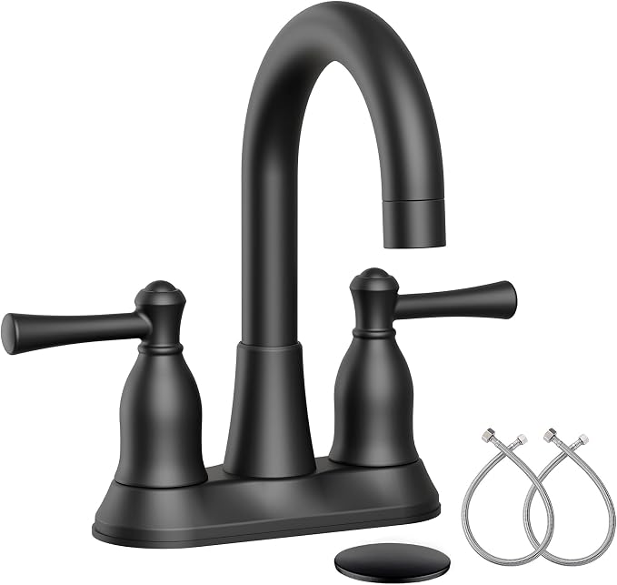 VXV Bathroom Sink Faucet 4 Inch 2 Handle Vintage Antique Lavatory Vanity Mixer Tap 360 Rotating with Pop-up Drain and Water Hoses Matte Black