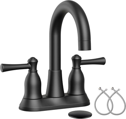 VXV Bathroom Sink Faucet 4 Inch 2 Handle Vintage Antique Lavatory Vanity Mixer Tap 360 Rotating with Pop-up Drain and Water Hoses Matte Black