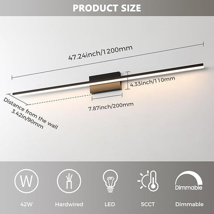 JUSHENG Black Modern LED Vanity Lights for Bathroom Light Fixtures, 47.24 Inch 42W 5CCT Dimmable Vanity Light Bar Bathroom Lighting