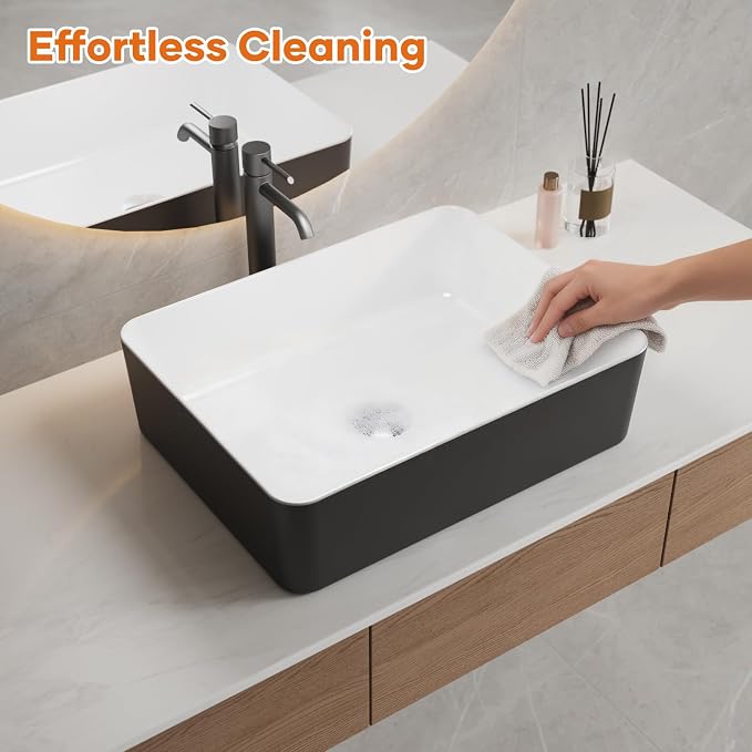 19"x15" Black & White Rectangle Ceramic Vessel Bathroom Sink | Modern Rectangular Countertop Sink Crafted from Durable Ceramic, Compatible with Vessel Sink Faucets, Smooth Two-Tone Finish