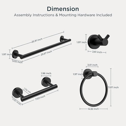 FORIOUS Bathroom Accessories, 4-Piece Bathroom Hardware Set - 24" Towel Bar | Matte Black | Towel Hooks, Towel Racks for Bathroom, Toilet Paper Holder Wall Mounted & Towel Ring | SUS304 Stainless Steel