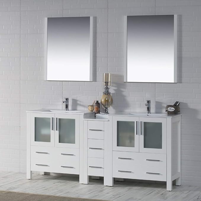 Blossom 72" Solid Wood Double Sink Bathroom Vanity with Side Cabinet | Glossy White Master Bath Furniture | Anti-Warp Painted Finish, Soft-Close Full Extension Drawers & Tempered Glass Modern Style