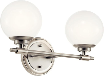 Kichler Benno 2-Light Vanity, Modern Light with Opal Glass in Polished Nickel and Brushed Nickel, for Bathroom or Powder Room (8.75" x 14.75"), 55171PN