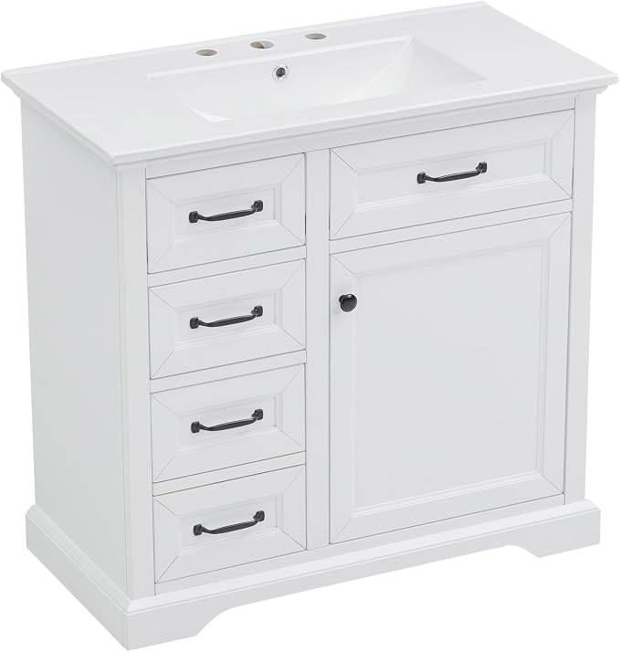 36" Bathroom Vanity with Ceramic Sink,Freestanding Storage Cabinet w/Soft-Close Door and 2 Tip-Out & 2 Drawers,Undermount Single Basin Bath Vanity Set w/Adjustable Shelf,White
