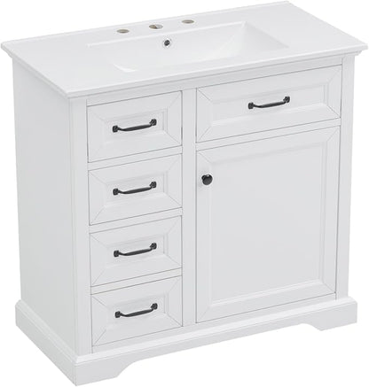 36" Bathroom Vanity with Ceramic Sink,Freestanding Storage Cabinet w/Soft-Close Door and 2 Tip-Out & 2 Drawers,Undermount Single Basin Bath Vanity Set w/Adjustable Shelf,White