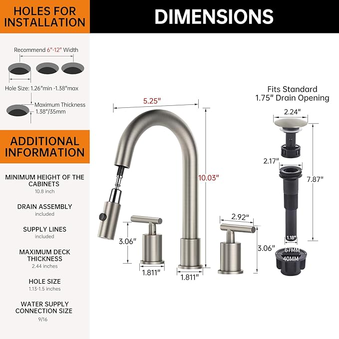 Brushed Nickel Pull Down Bathroom Faucet with Pop-up Drain, 8 inch Widespread Bathroom Faucet 3 Hole with Pull Down Sprayer 2 Modes, 8'' Brushed Nickel Bathroom Faucet with Supply Lines