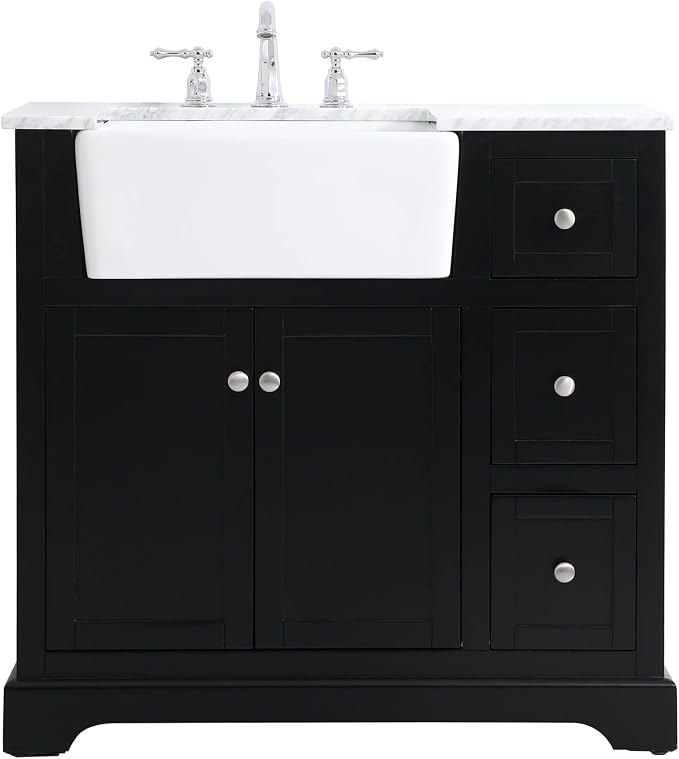 36" Pre-Assembled Bathroom Vanity with Sink, Solid Birch and MDF, Carrara White Marble Countertop Attached, Single Rectangle Porcelain Sink, 3 Soft-Close Drawers, Black