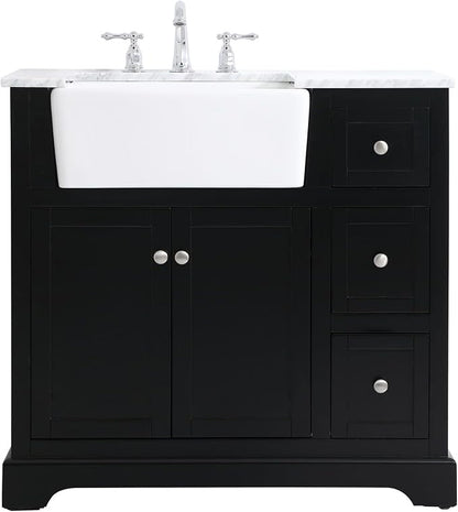 36" Pre-Assembled Bathroom Vanity with Sink, Solid Birch and MDF, Carrara White Marble Countertop Attached, Single Rectangle Porcelain Sink, 3 Soft-Close Drawers, Black