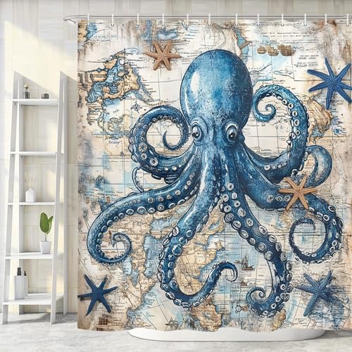 Octopus Shower Curtain for Bathroom, Funny Ocean Vintage Nautical Shower Curtains, Coastal Map Waterproof Fabric Shower Curtain Set with 12 Hooks, Retro 72 x 72 Inch