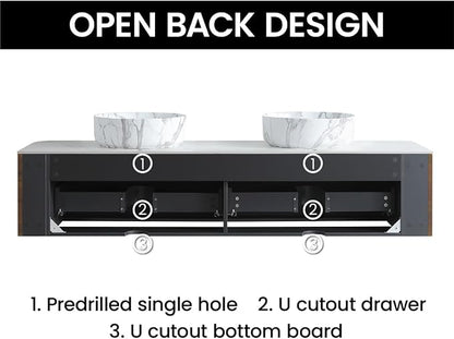 72" Preassembled Double Floating Bathroom Vanity with Carrara Sink, Walnut | Mid-Century Modern Style, Fluted & Soft-Close Drawer with U-shaped Wall, Sinterted Stone Countertop, Towel Rack Included