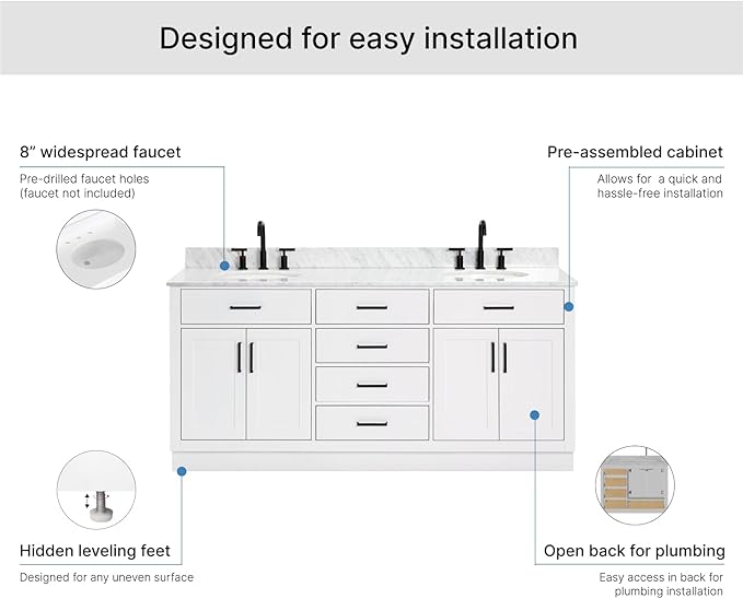 ARIEL Hepburn 72-inch Bathroom Vanity with Sink,Solid Wood, 0.75-inch Italian Carrara Marble Countertop & Backsplash, Double Oval Porcelain Sink, 4 Soft Closing Doors, 6 Dovetail Drawers, White