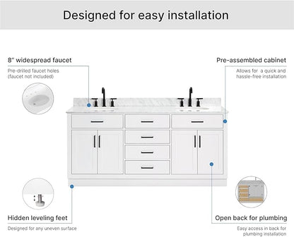 ARIEL Hepburn 72-inch Bathroom Vanity with Sink,Solid Wood, 0.75-inch Italian Carrara Marble Countertop & Backsplash, Double Oval Porcelain Sink, 4 Soft Closing Doors, 6 Dovetail Drawers, White