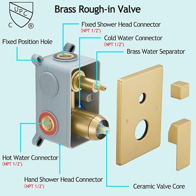 Shower Faucet Set Complete, Wall Mount Shower System for Bathroom 12 Inch High-Pressure Rainfall Shower with Handheld, Rough-in Valve Body and Trim Kit, Brushed Gold