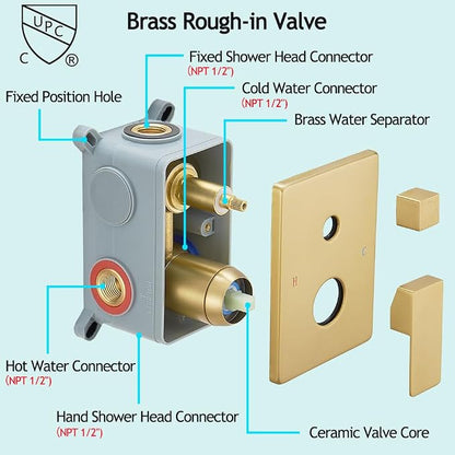 Shower Faucet Set Complete, Wall Mount Shower System for Bathroom 12 Inch High-Pressure Rainfall Shower with Handheld, Rough-in Valve Body and Trim Kit, Brushed Gold