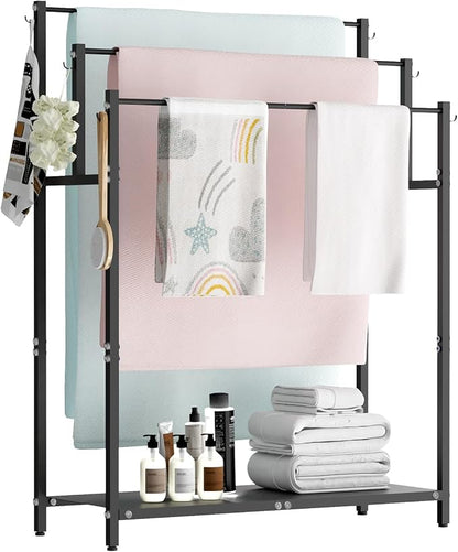 Mondazie 44” Free Standing Towel Racks for Bathroom Towel Storage, Black | 3 Tier Oversized Pool Towel Drying Rack Outdoor, Blanket Ladder Holder with Shelf & 6 Hooks for Bedroom Living Room Poolside