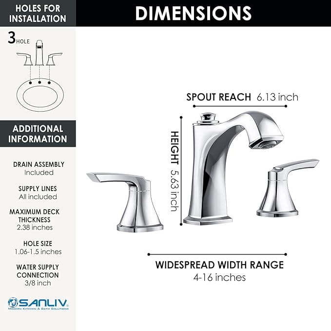 Chrome Bathroom Faucet 3 Hole, Sanliv Widespread Bathroom Sink Faucet with Drain Assembly, 2-Handle Modern Vantiy Faucet for 4-16 Inch Three Hole Sinks, Polished Chrome