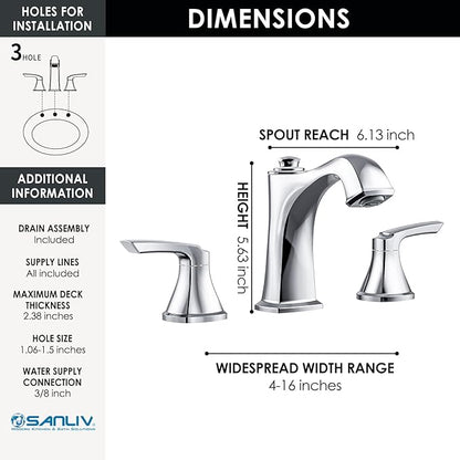 Chrome Bathroom Faucet 3 Hole, Sanliv Widespread Bathroom Sink Faucet with Drain Assembly, 2-Handle Modern Vantiy Faucet for 4-16 Inch Three Hole Sinks, Polished Chrome