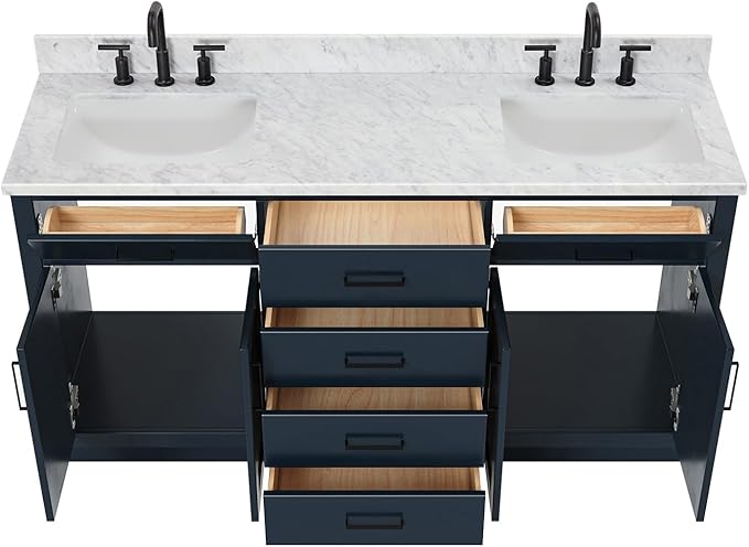 ARIEL Hepburn 66-inch Bathroom Vanity with Sink,Solid Wood, 0.75-inch Italian Carrara Marble Countertop, Double Rectangular Porcelain Sink, 4 Soft Closing Doors, 6 Dovetail Drawers, Midnight Blue