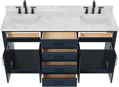 ARIEL Hepburn 66-inch Bathroom Vanity with Sink,Solid Wood, 0.75-inch Italian Carrara Marble Countertop, Double Rectangular Porcelain Sink, 4 Soft Closing Doors, 6 Dovetail Drawers, Midnight Blue