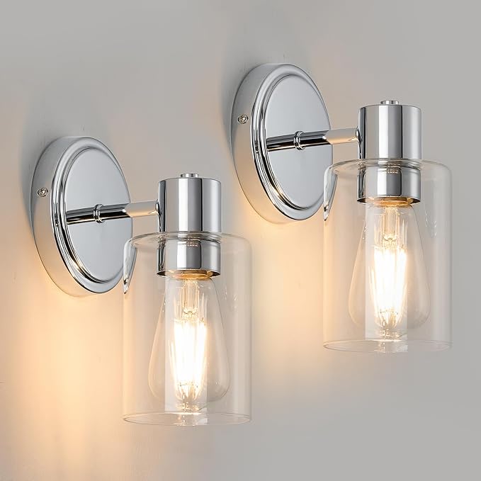 2 Light Bathroom Wall Sconce Light Fixtures with Clear Glass Bathroom Wall Lights Over Mirror Vanity Lights Chrome with E26 Base