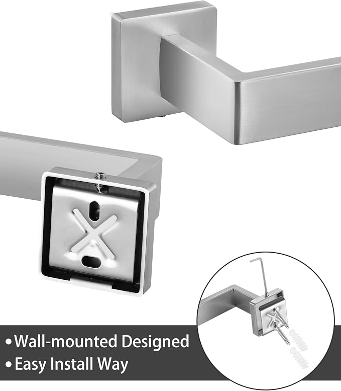 10-Piece Brushed Nickel Bathroom Hardware Set with 16" Towel Bar, Toilet Paper Holder, Towel Rings & Robe Hooks, Stainless Steel Square Bathroom Accessories Kit Wall Mounted