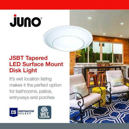 Juno SlimBasics 4 Inch LED Ceiling Light, LED Surface Mount Downlight for Shower Light or Closet Lighting, 3000K Neutral White, Tapered Trim, Wet Rated, Matte White (JSBT 4IN 30K 90CRI MW WL M6)