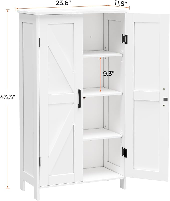 Farmhouse Bathroom Cabinet with Adjustable Shelves, Free-Standing Storage Cabinet with Barn Doors, for Kitchen, Living Room, Dining Room, Entryway, White
