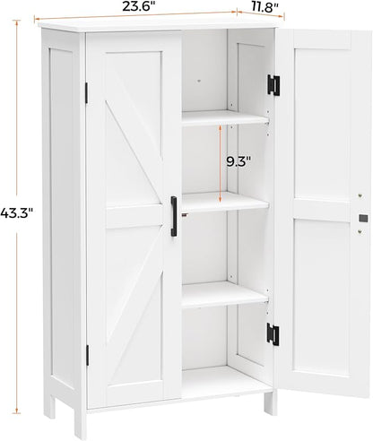 Farmhouse Bathroom Cabinet with Adjustable Shelves, Free-Standing Storage Cabinet with Barn Doors, for Kitchen, Living Room, Dining Room, Entryway, White