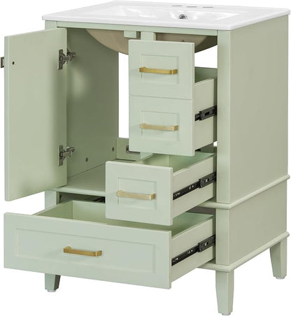 24.8" Bathroom Vanity with Ceramic Sink, Freestanding Bathroom Cabinet with Soft-Close Door, 3 Drawers & Spacious Storage, Solid Wood Frame and MDF, Modern Green Vanity for Small Bathrooms