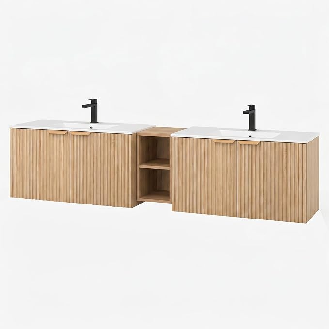 84 Inch Floating Bathroom Vanity with Double Sink, Bathroom Double Sink Cabinet with Soft Close Door Waterproof Storage, Wood Color