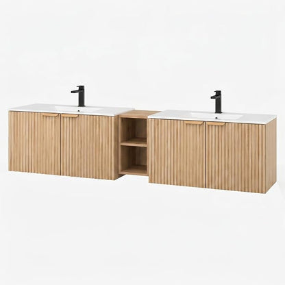 84 Inch Floating Bathroom Vanity with Double Sink, Bathroom Double Sink Cabinet with Soft Close Door Waterproof Storage, Wood Color