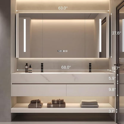 68" Bathroom Vanity with Sink, Double Sink Bathroom Vanity with Smart LED Defog Mirror, Display Time, Ceramic Sink, Soft Closing, Fully Pre-Assembled, Ample Storage, Medicine Cabinet Set