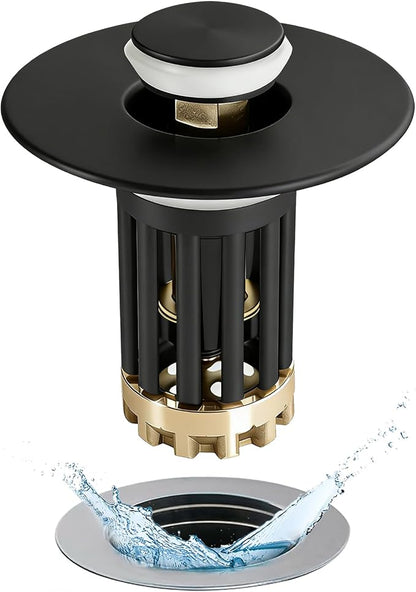 Anlige 3 in 1 Pop Up Bathroom Sink Stopper, Bathroom Sink Drain Strainer, with Removable Basket Hair Catcher, Universal Sink Plug Cover for 1.06 in to 1.6 in Drain, Matte Black
