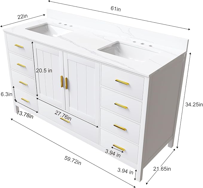 60 Inch Bathroom Vanity with Double Sink&Countertop,Carrara White Quartz Counter Top with Sink&Backsplash,White Bathroom Cabinet Set with 2 Doors and 9 Drawer(Three Holes)