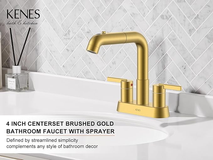 KENES Pull Down Bathroom Faucet with Sprayer, Brushed Gold 4 Inch 2 Handle Centerset Bathroom Faucet 3 Hole with Pull Out Sprayer, Vanity Faucet with Pop Up Drain & Supply Lines LJ-9059A-4
