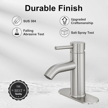Bathroom Faucet Brushed Nickel Modern Single Hole Bathroom Sink Faucet with Single Handle Suitable for 1 or 3 Holes,Supply Deck Plate and Hose