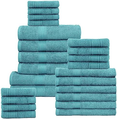 HILLFAIR 100% Cotton 24 Piece Bath Towels Set for Bathroom- Sea Green