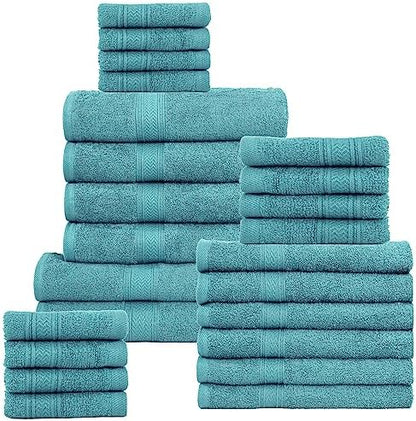 HILLFAIR 100% Cotton 24 Piece Bath Towels Set for Bathroom- Sea Green