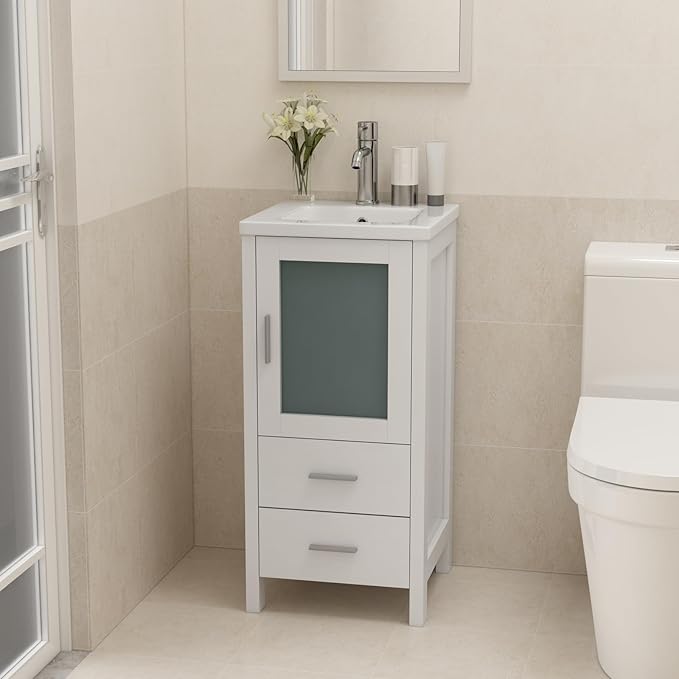 wonline 16" Bathroom Vanity Set, Single Small Bathroom Cabinet with Ceramic Sink, Modern White Cabinet Vanity with Faucet & Pop Up Drain