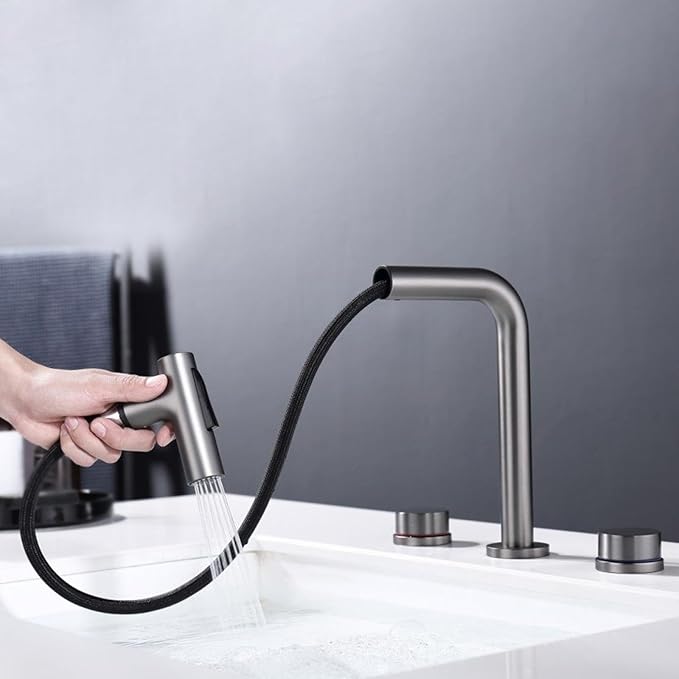 BiaoTeng Bathroom Faucets for Sink 3 Hole Pull Out 2 Functions with 360° Swivel Hot and Cold Brass 2 Handle Faucet for Bathroom Sink Pull Down Grey