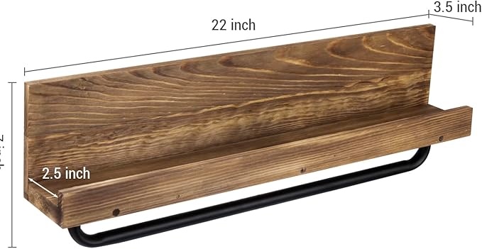 MyGift Bathroom Shelf with Towel Bar 22 Inch, Bath Towel Holder Rack Hanger, Wall Mounted Bathroom Display Storage Shelf, Rustic Burnt Wood with Industrial Metal Pipe