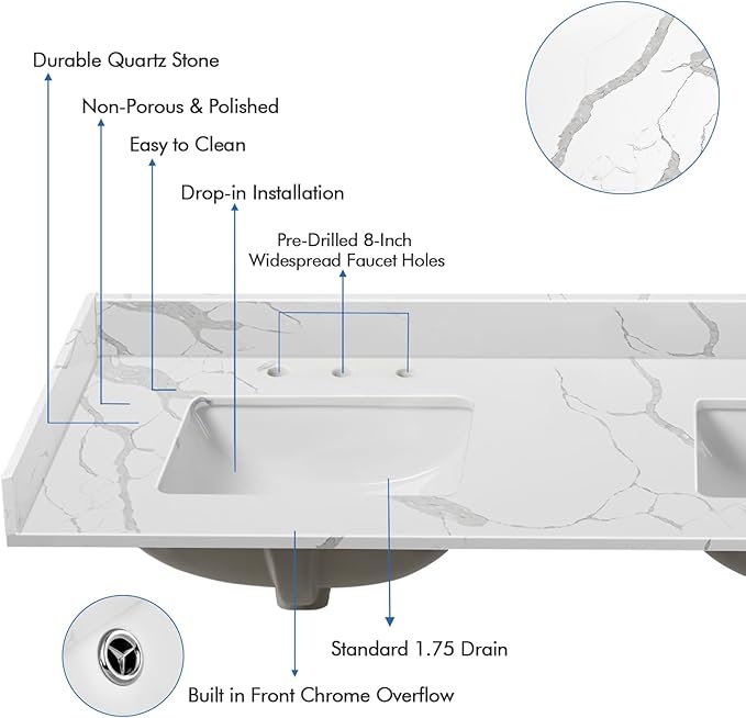 60 in.W x 22 in.D Quartz Calacatta River Vanity Top,with Undermount Double Sink Vanity Top,with Two Sidesplash & One Backsplash,8 Inch Faucet Hole Spread Bathroom Vanity Sink Countertop