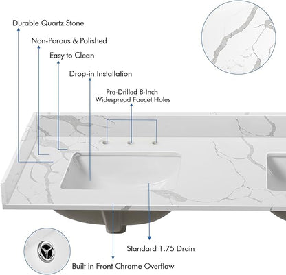 60 in.W x 22 in.D Quartz Calacatta River Vanity Top,with Undermount Double Sink Vanity Top,with Two Sidesplash & One Backsplash,8 Inch Faucet Hole Spread Bathroom Vanity Sink Countertop