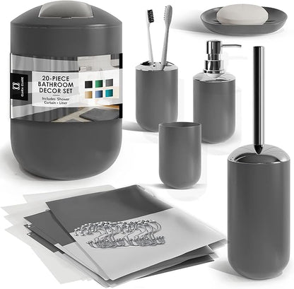 Clara Clark Bathroom Set - Gray Bathroom Accessories Set, 20PC Bathroom Accessory Set, Shower Curtain Set with Liner, Toothbrush Holder, Soap Dispenser, Soap Dish, Toilet Brush Holder, and Trash Can