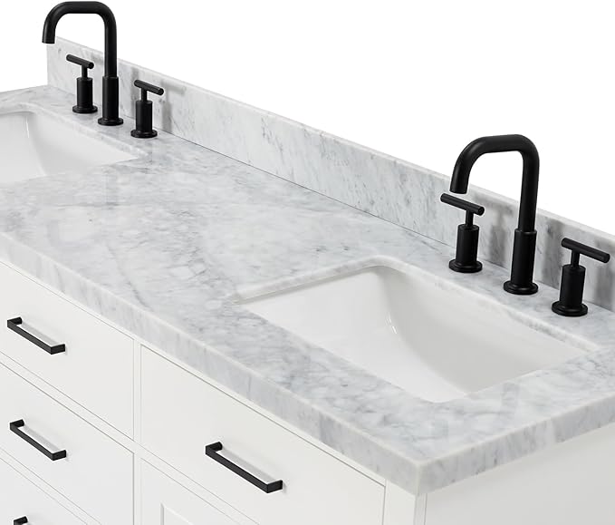 ARIEL Hepburn 66-inch Bathroom Vanity with Sink,Solid Wood, 1.5-inch Italian Carrara Marble Countertop, Double Rectangular Porcelain Sink, 4 Soft Closing Doors, 6 Dovetail Drawers, White