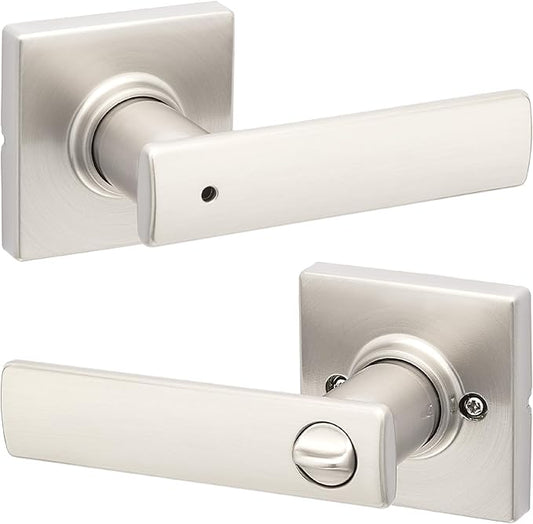 Kwikset Breton Interior Privacy Door Handle with Lock, Door Lever For Bathroom and Bedroom, Satin Nickel Reversible Keyless Turn Lock, with Microban Protection