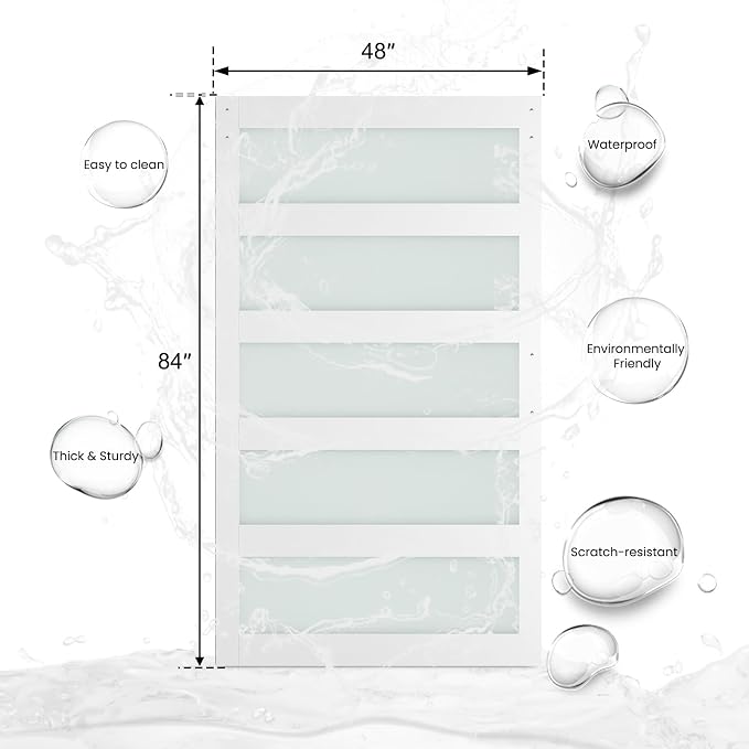 SMARTSTANDARD 48 x 84 in Glass Barn Door with 8FT Sliding Hardware Kit | Pre-Drilled Ready to Assemble, Waterproof PVC Coating, White, 5-Panel Glass