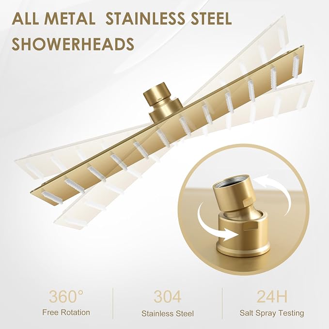 12 inch Brushed Gold Rain Shower Head - All Metal 304 Stainless Steel, Full Body Waterfall Shower with 144 Silicone Nozzles - Square Showerheads Ceiling or Wall Mount Modern Bathroom