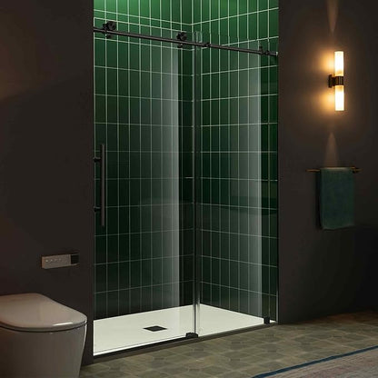 Woodbridge 56-60" W x 80" H Frameless Single Sliding Shower Door with Tempered Glass & Explosion Proof Film in Matte Black Finish